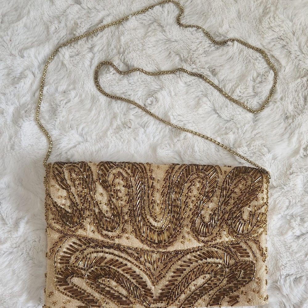 Elegant Gold Beaded Clutch